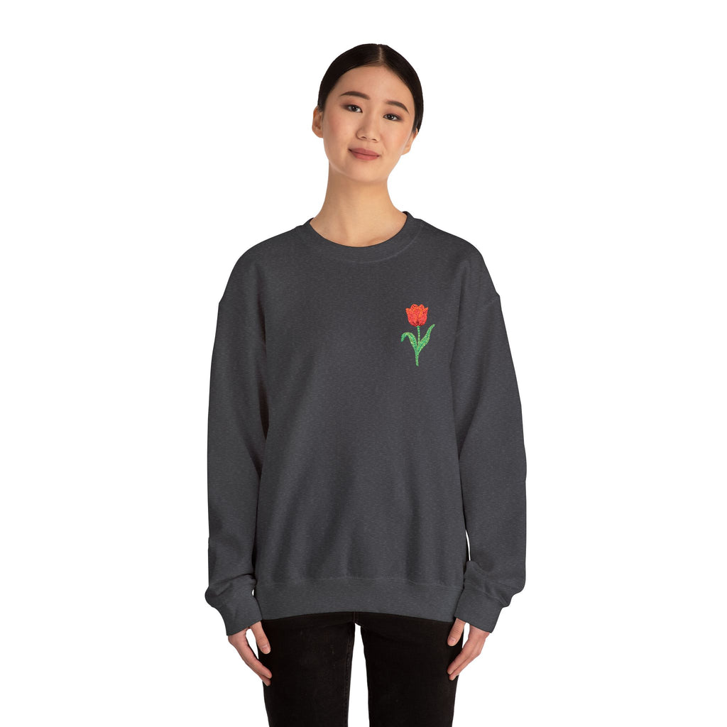 Unisex embroidered tulip sweatshirt by Printify featuring floral design on the left chest, made of soft fabric.