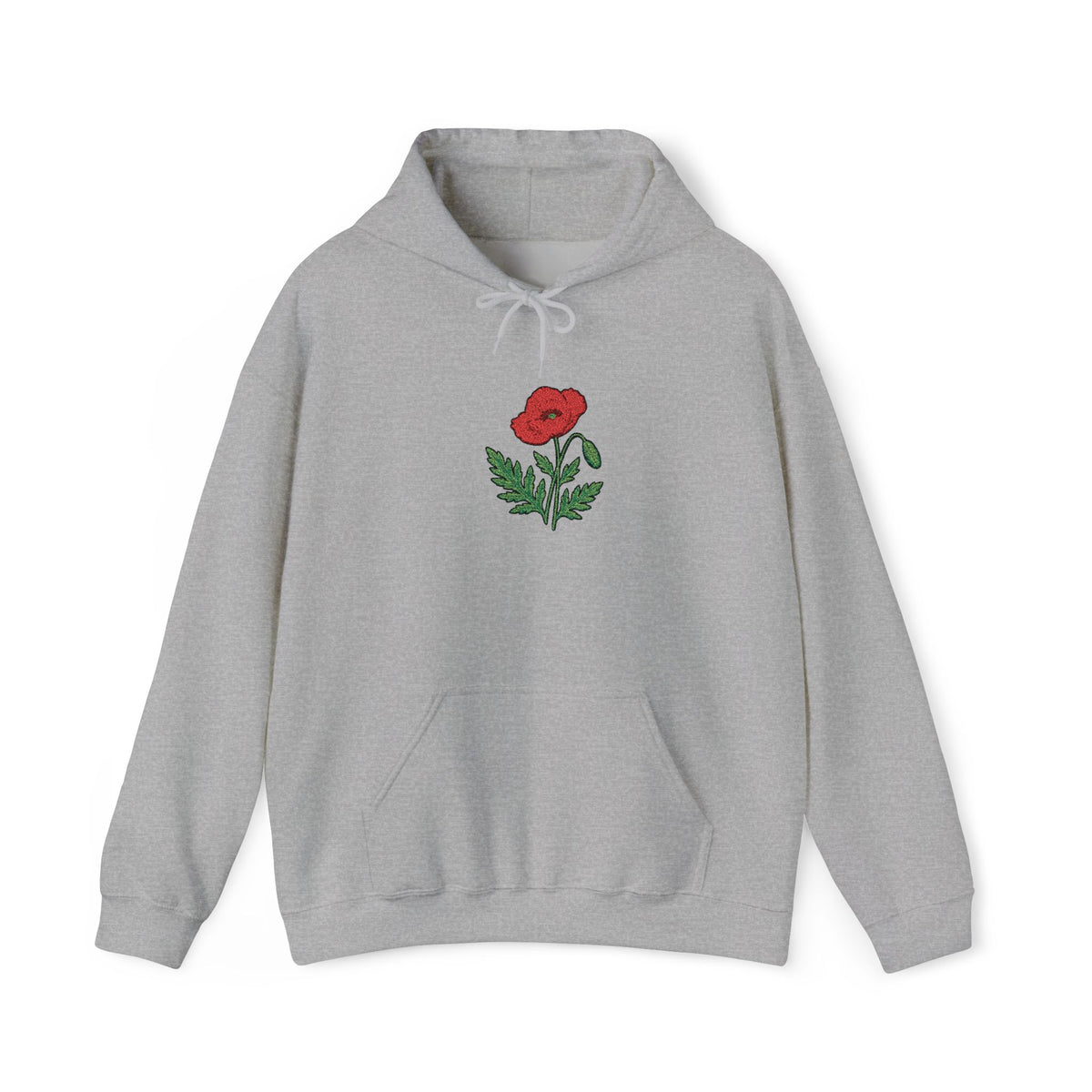 Red hoodie with embroidered red poppy floral design on the front, featuring a cozy fit and casual style from Printify.
