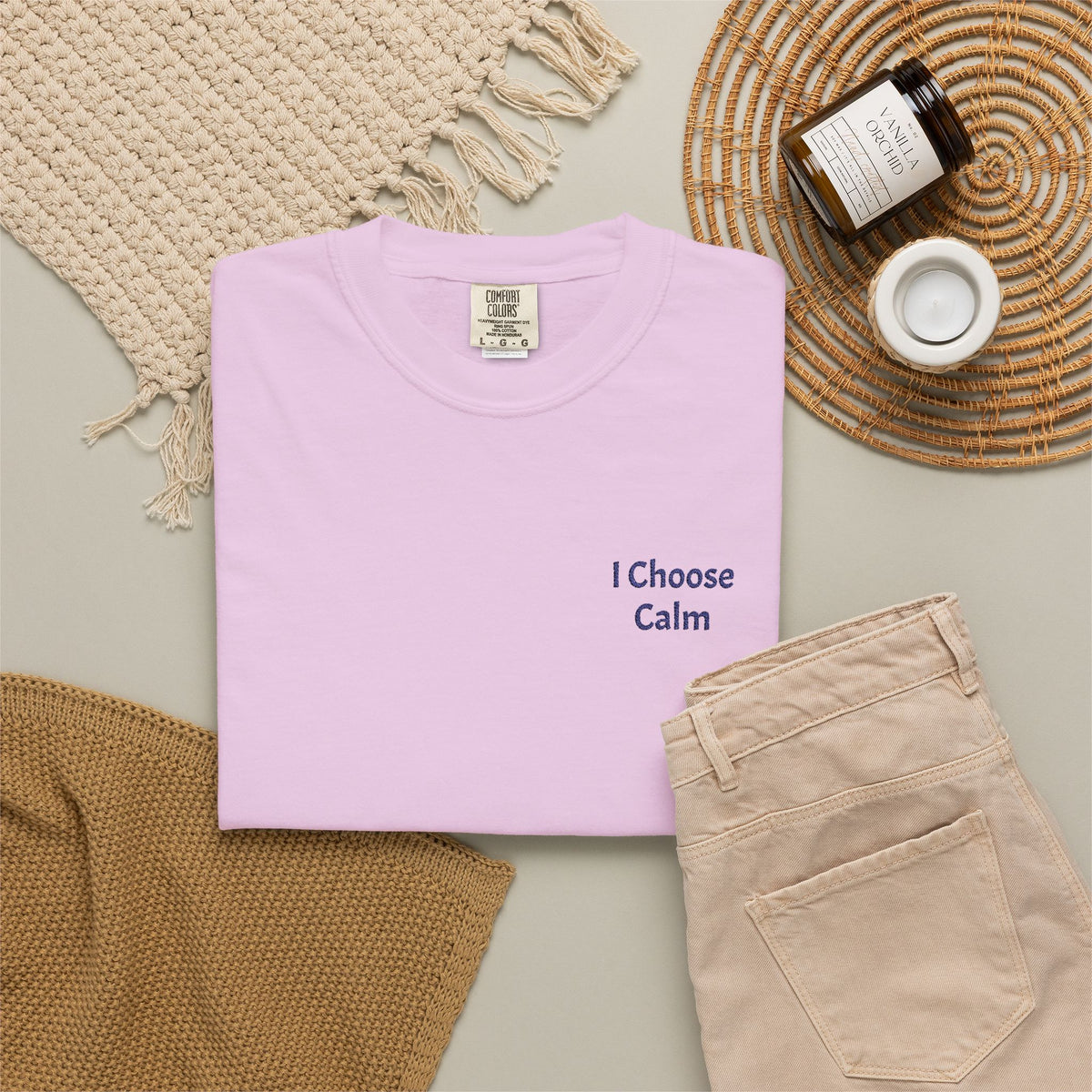 Gray I Choose Calm T-Shirt by Printify featuring minimalist relaxation design, soft fabric and casual fit.