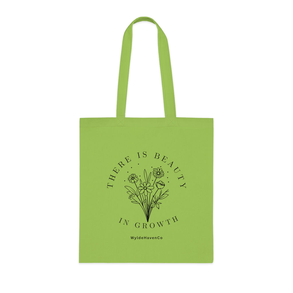 Floral cotton tote bag with "There Is Beauty In Growth" quote, stylish eco-friendly Printify bag with sturdy handles