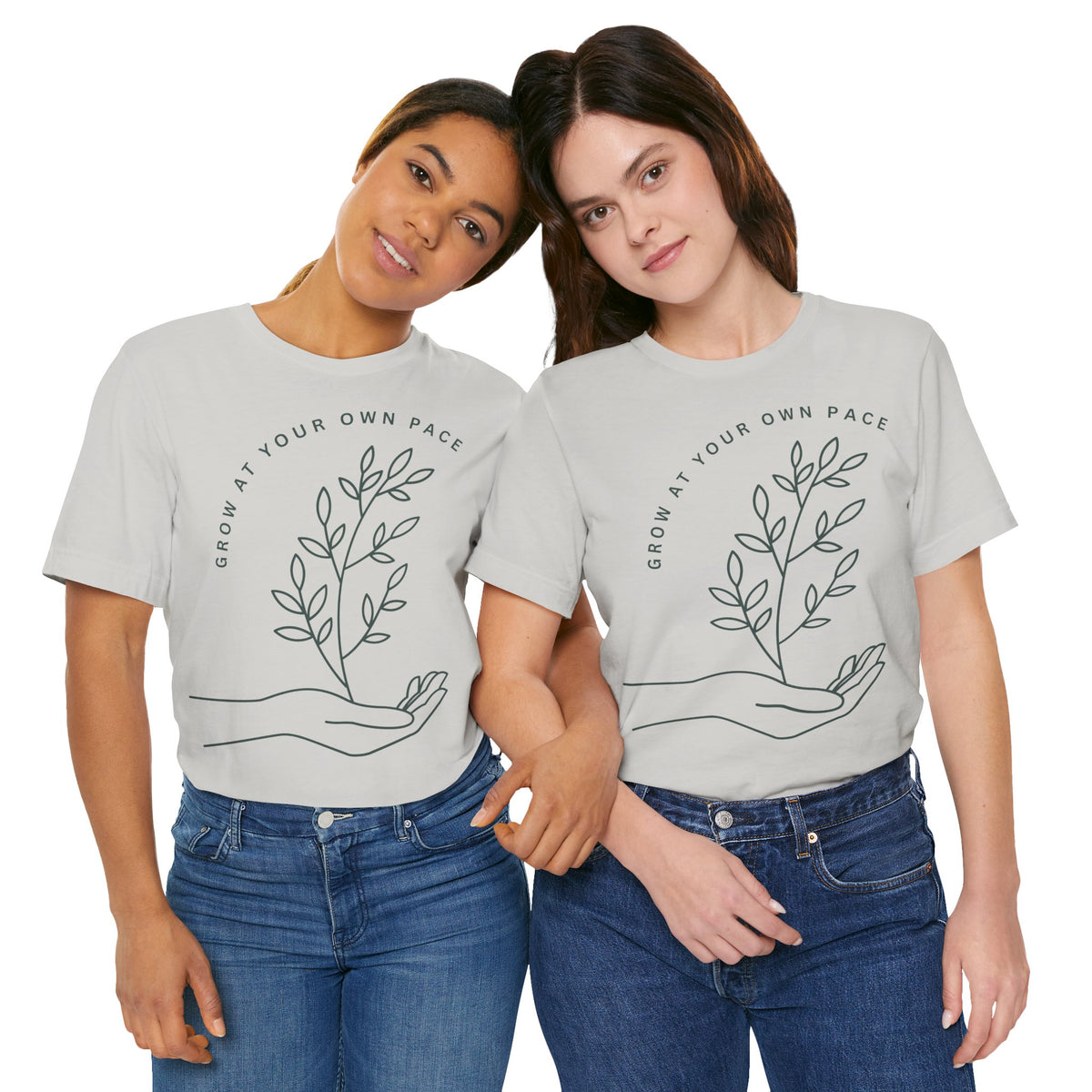 Minimal botanical print T-Shirt with "Grow At Your Own Pace" slogan by Printify, showcasing a soft fabric and casual fit.