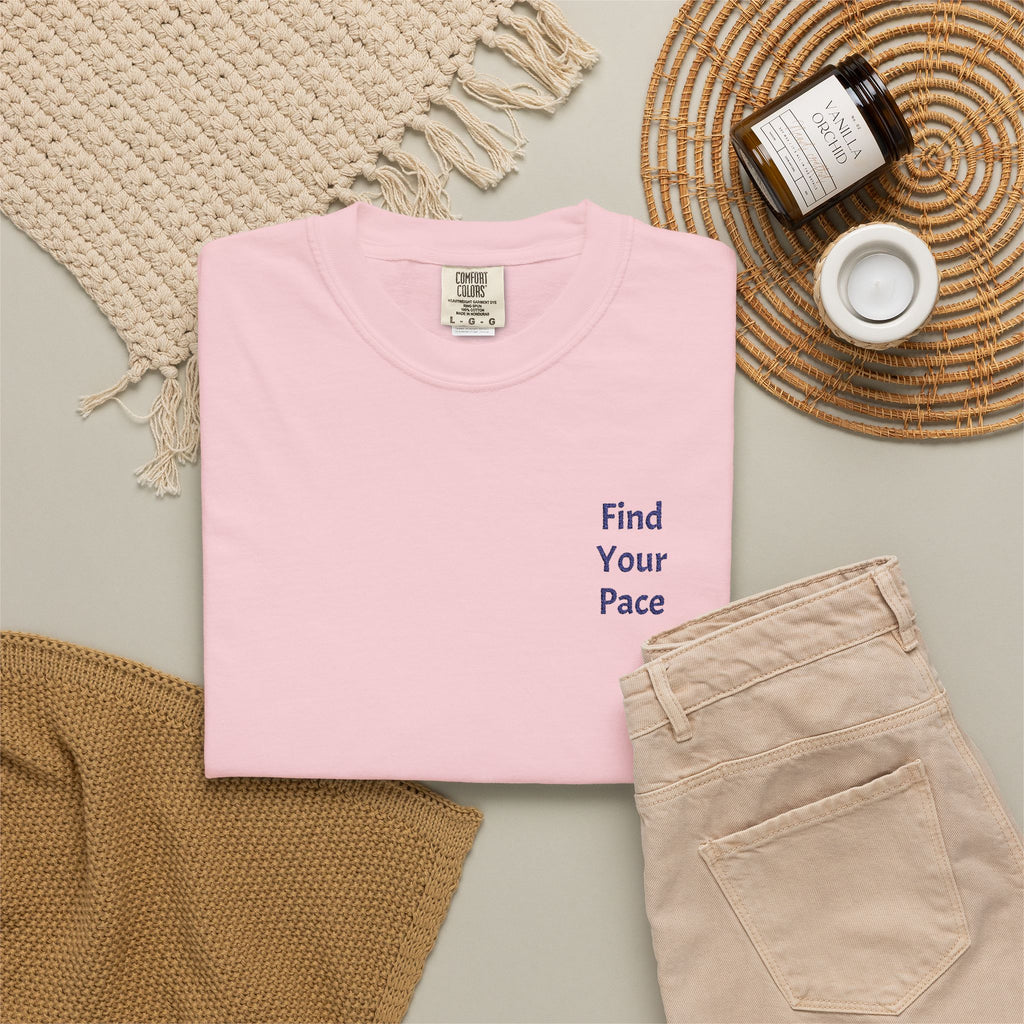 Black Find Your Pace T-Shirt by Printify featuring a minimal motivational chest print and comfortable casual fit.
