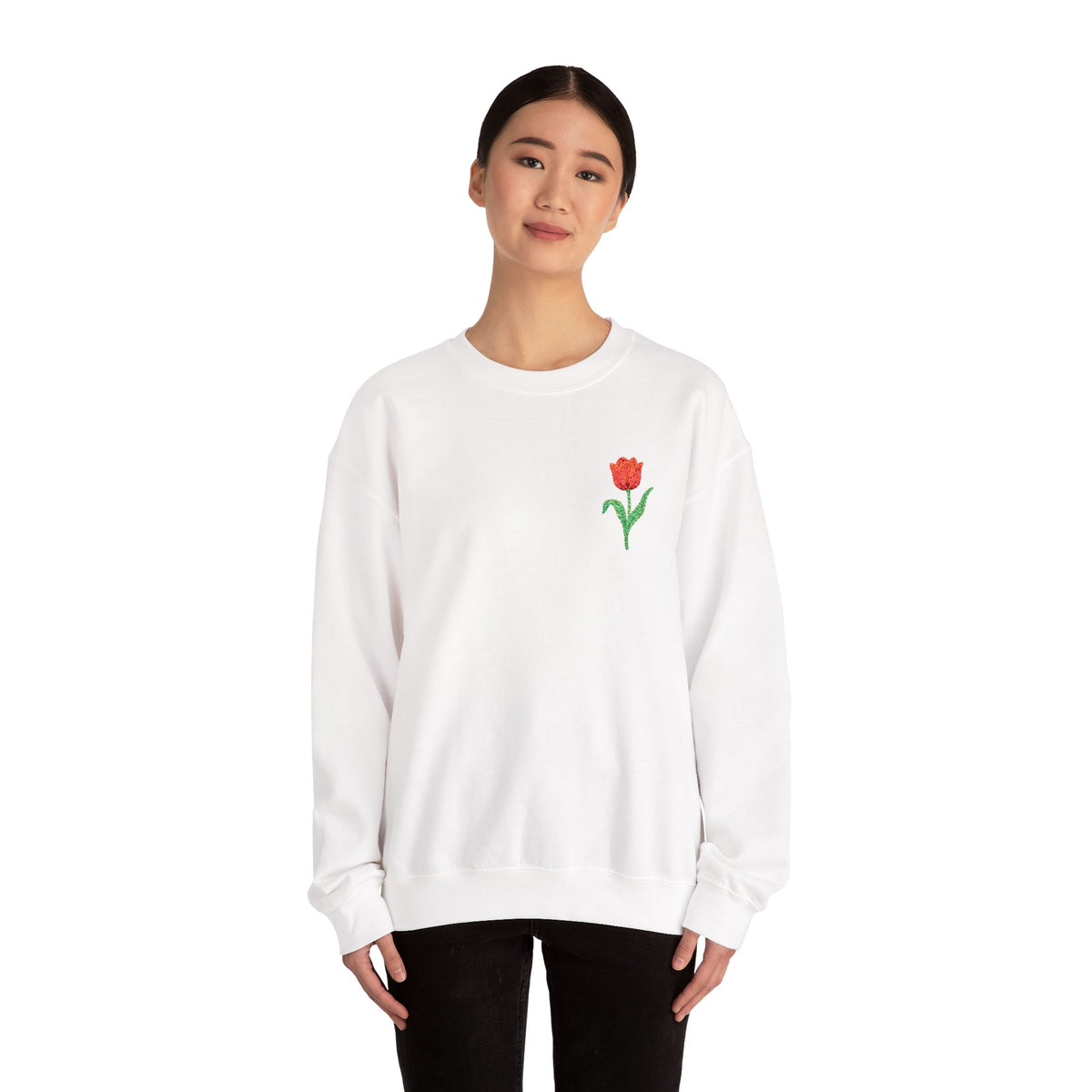 Unisex embroidered sweatshirt with floral tulip design on the left chest, featuring a cozy fit and casual style.