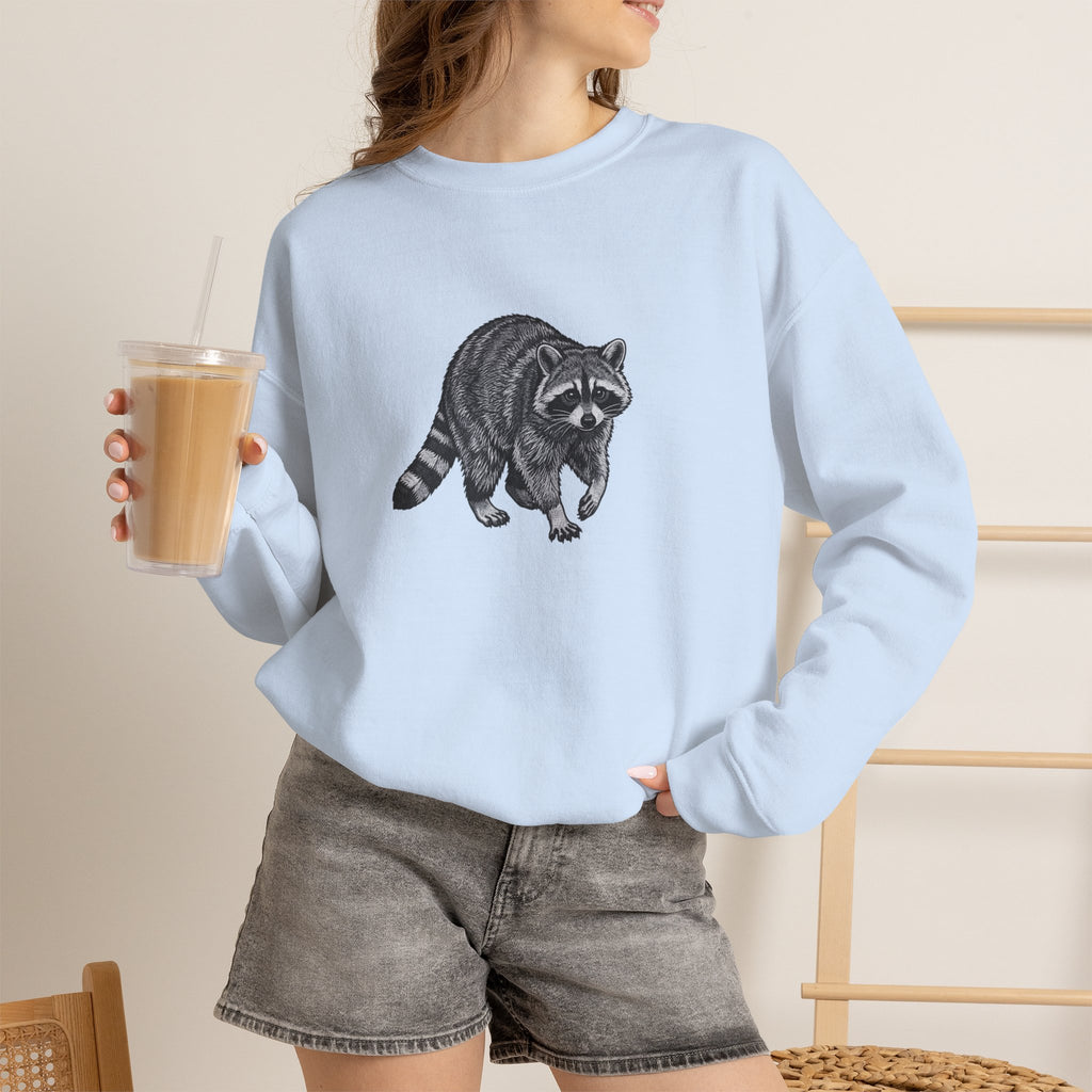 Raccoon graphic sweatshirt from Wyldelife Collection by Printify, featuring wildlife art design in soft fabric.