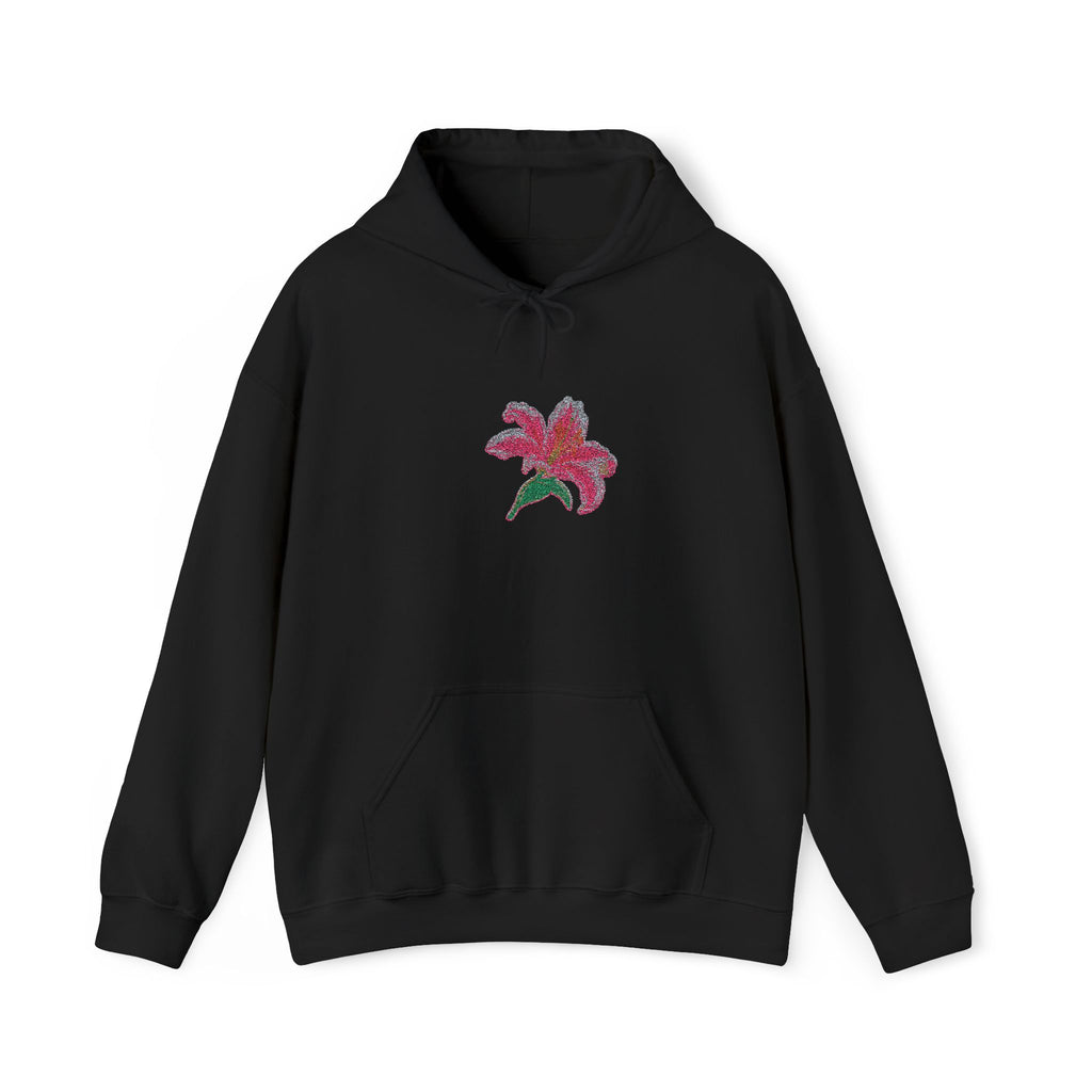 Embroidered Lily Flower Hoodie by Printify featuring a center front floral embroidery on a casual hoodie.