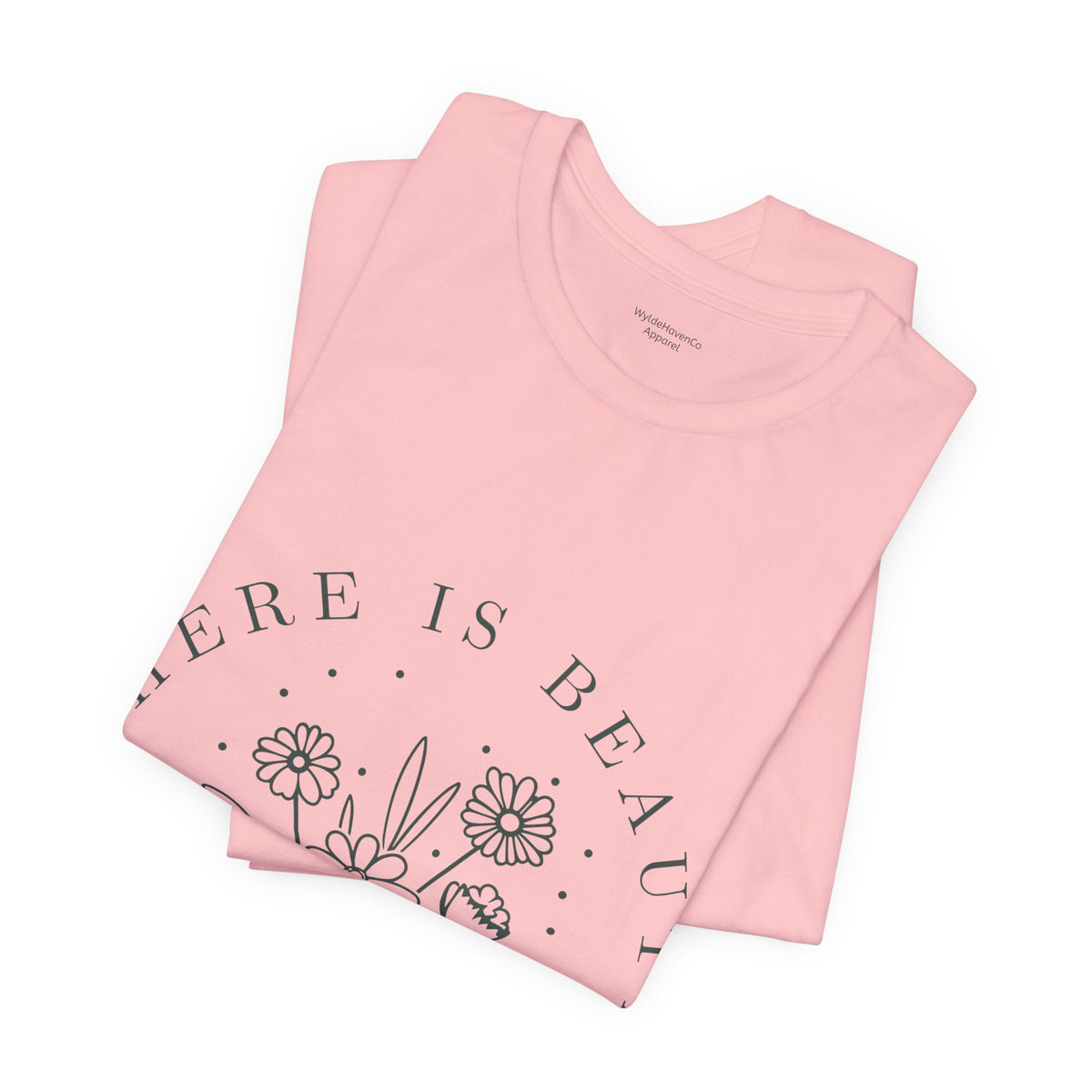 Printify "There Is Beauty In Growth" floral T-shirt with a vibrant botanical design on soft fabric.