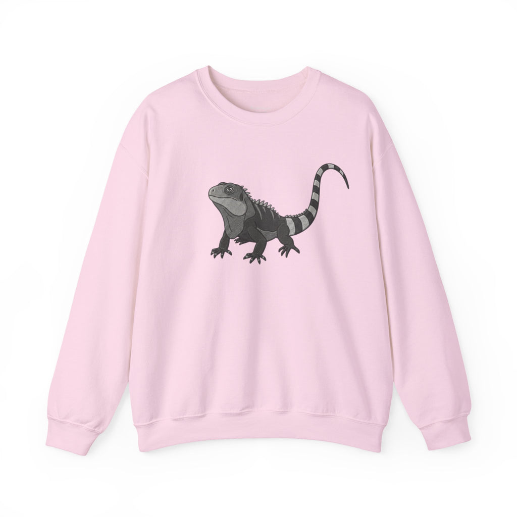 Iguana graphic sweatshirt featuring wildlife art from Wyldelife Collection by Printify, shown in a close-up view.
