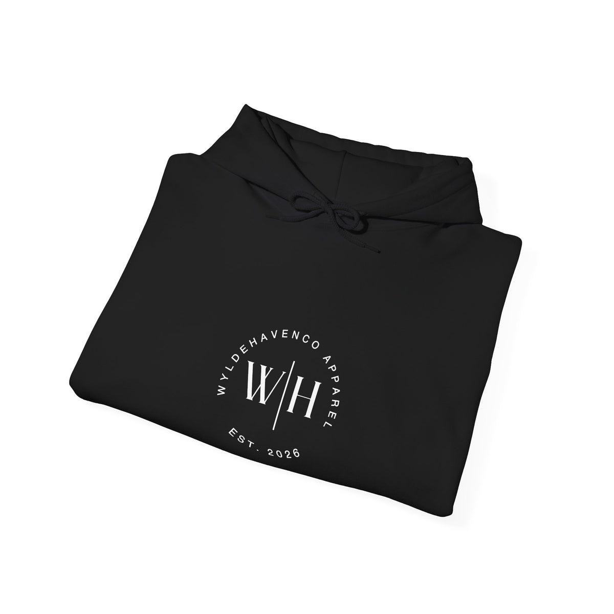 Black hoodie featuring a monogram circle design and WyldeHaven Apparel Est. 2026 logo on the front, made by Printify.