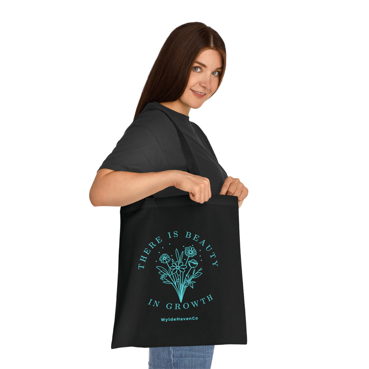 Floral cotton tote bag with "There Is Beauty In Growth" inspirational quote, eco-friendly reusable bag by Printify.