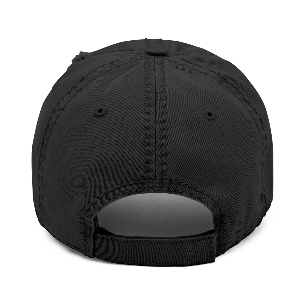 Distressed embroidered dad hat with vintage washed finish, casual baseball cap style from Printify, featuring faded fabric and stitched design.
