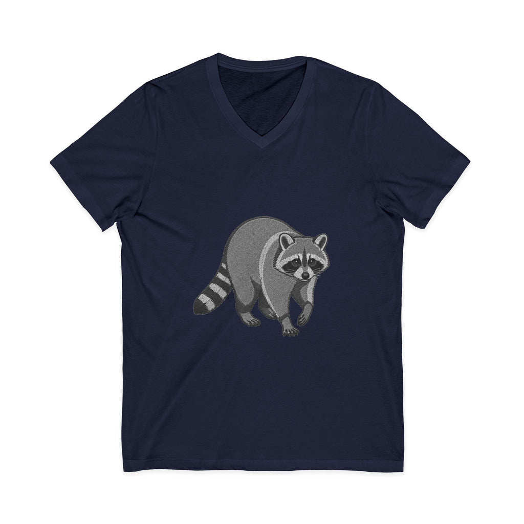 Raccoon V-neck T-shirt featuring a wildlife graphic design by Wyldelife, made by Printify, displayed on a white background.