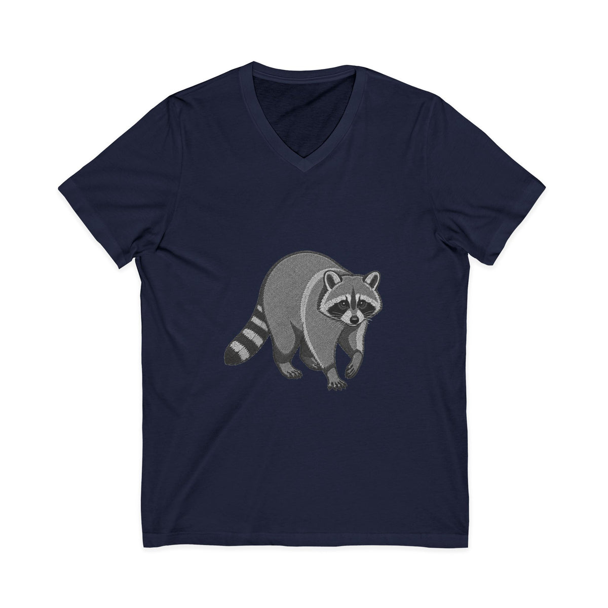Raccoon V-neck T-shirt featuring a wildlife graphic design by Wyldelife, made by Printify, displayed on a white background.
