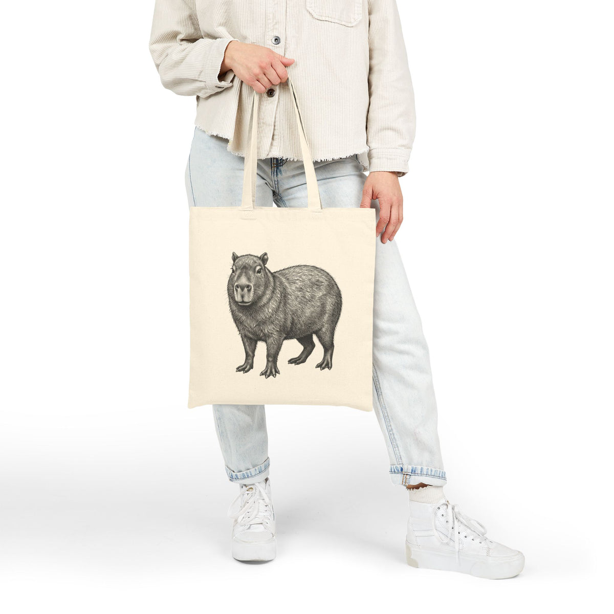 Printify Capybara Tote Bag with detailed wildlife illustration from Wyldelife Collection, showcasing a large capybara design on canvas.