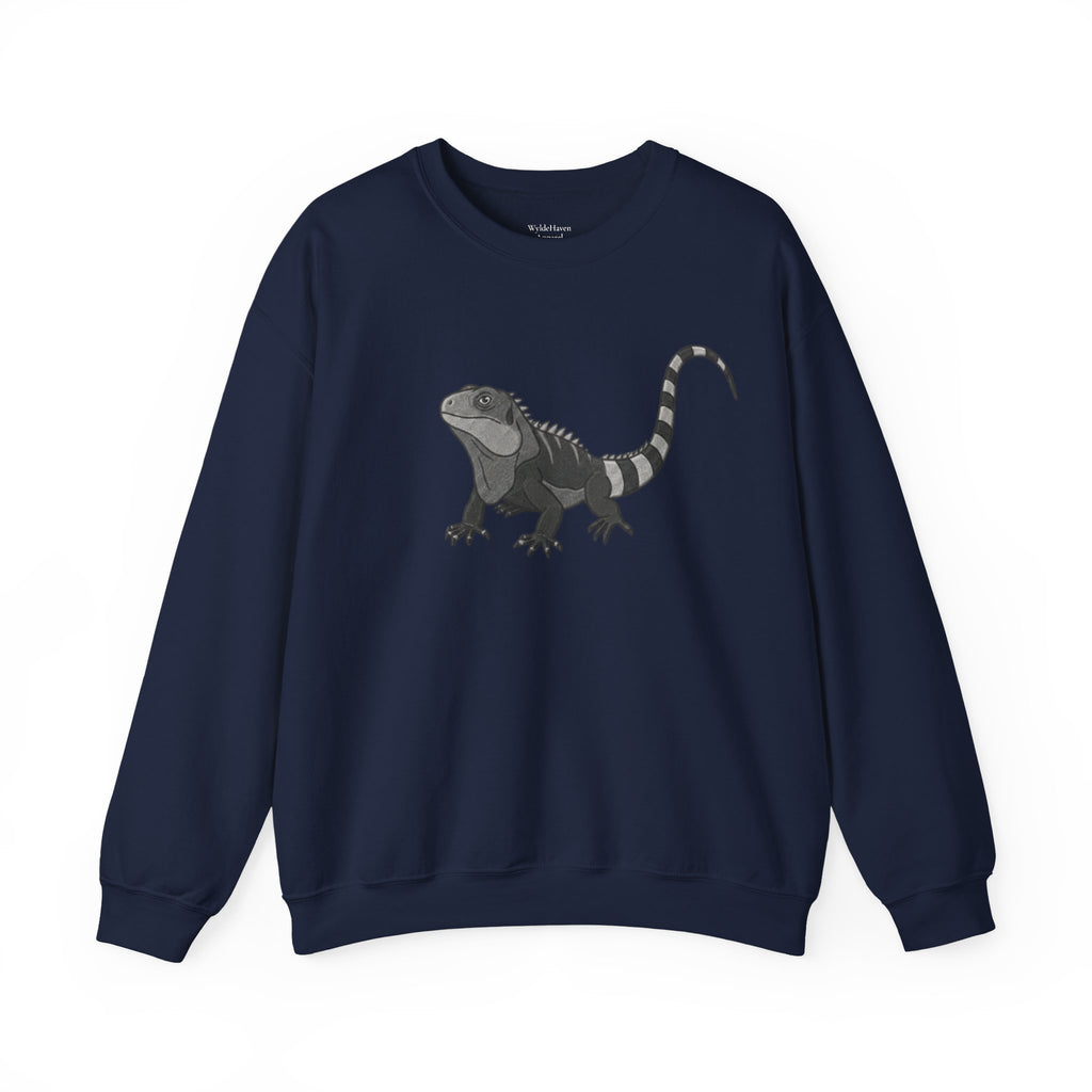 Gray sweatshirt featuring a colorful iguana graphic from the Wyldelife Collection by Printify, with wildlife art print on front.