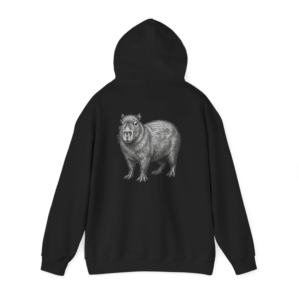 Printify wildlife hoodie featuring a large capybara graphic print on the back from Wyldelife Collection.