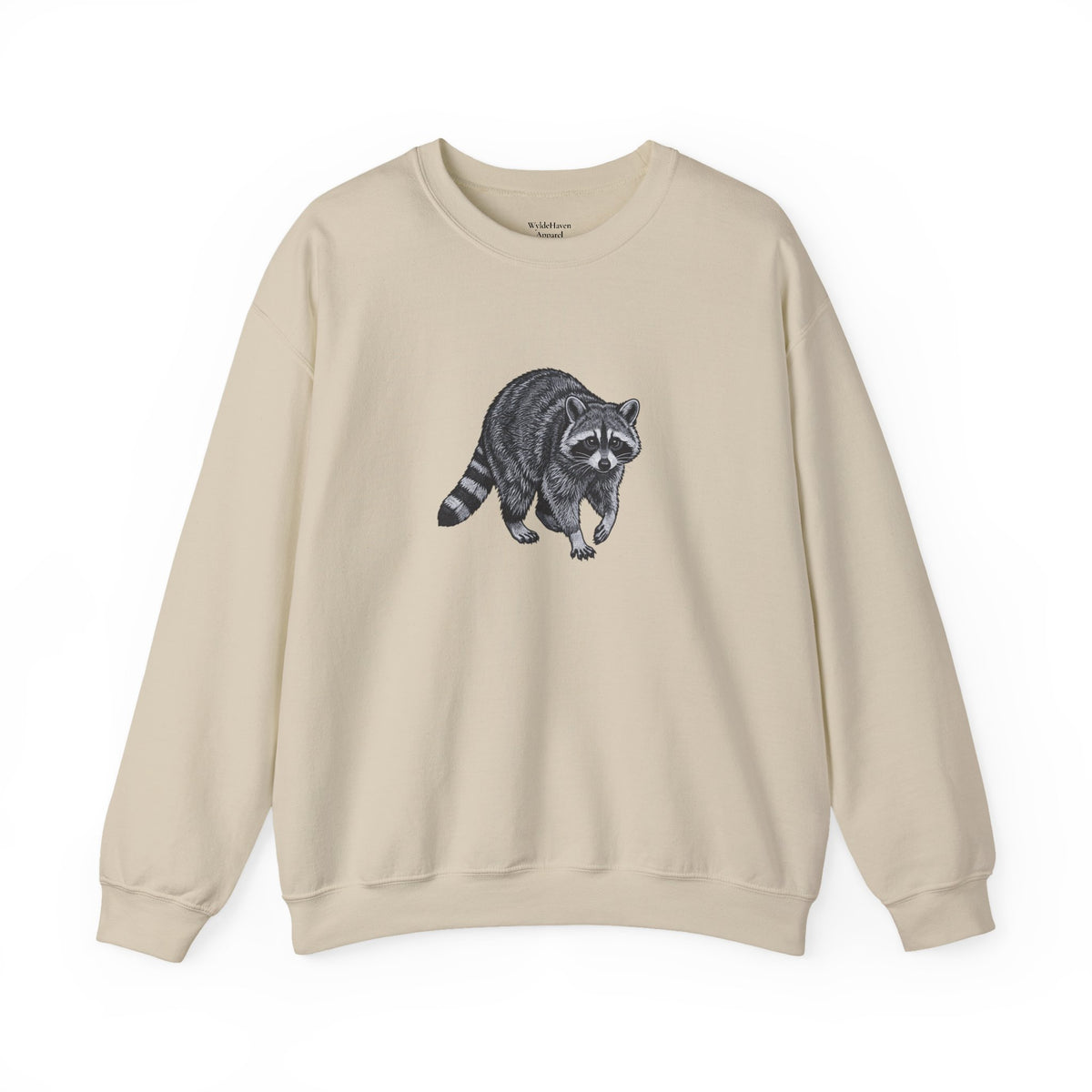 Gray Raccoon graphic sweatshirt from Wyldelife Collection by Printify, featuring a detailed raccoon illustration on the front.