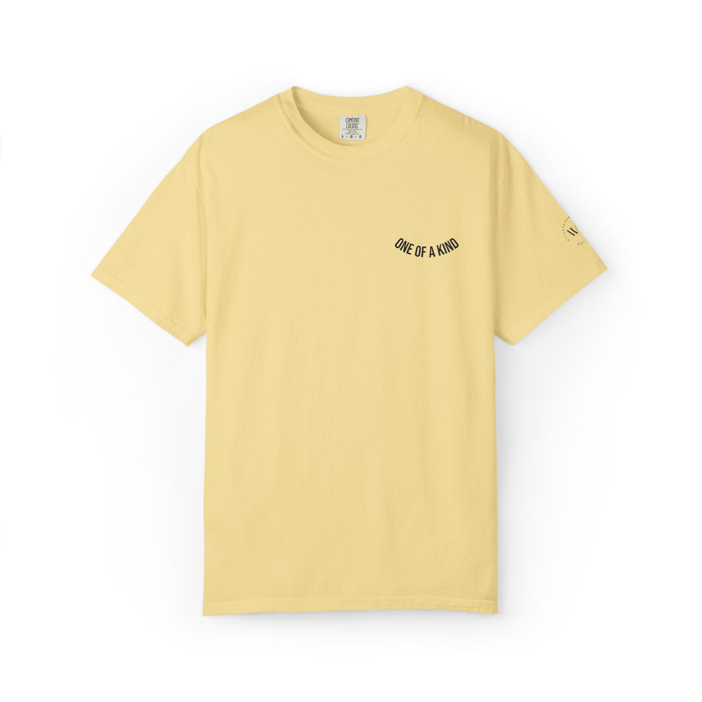 White "One of a Kind" Chest Logo T-Shirt by Printify featuring a minimalist design and casual fit.