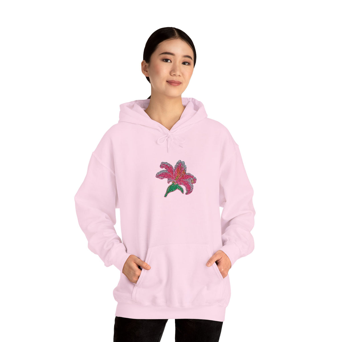 Embroidered Lily Flower Hoodie by Printify featuring a center front floral embroidery on a casual hoodie.