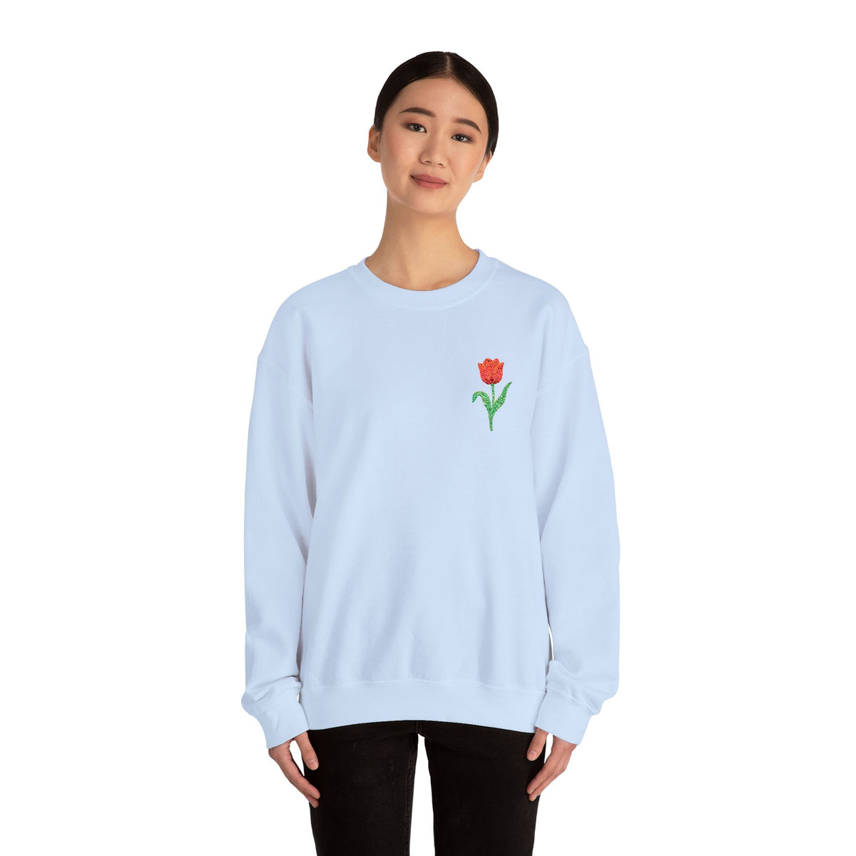 Unisex embroidered sweatshirt with floral tulip design on the left chest, by Printify, featuring a cozy, casual fit.
