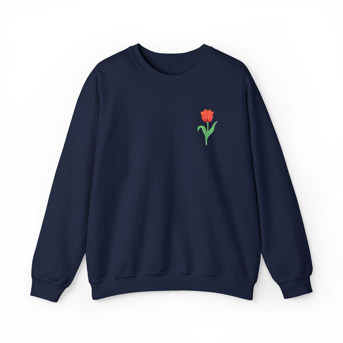 Unisex embroidered tulip sweatshirt with floral design on the left chest, casual and comfortable style from Printify.
