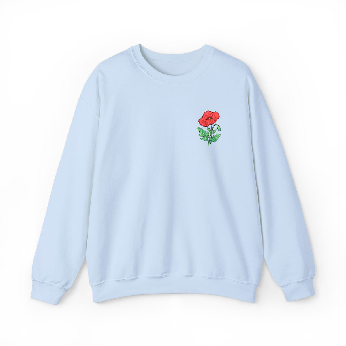 Unisex embroidered sweatshirt with floral poppy design on the left chest, featuring a cozy, stylish printify jumper.