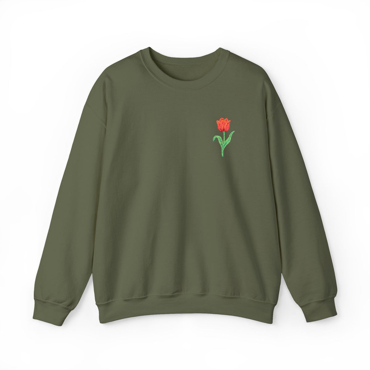 Unisex embroidered sweatshirt with floral tulip applique on the left chest, featuring a comfortable fit and vibrant design.
