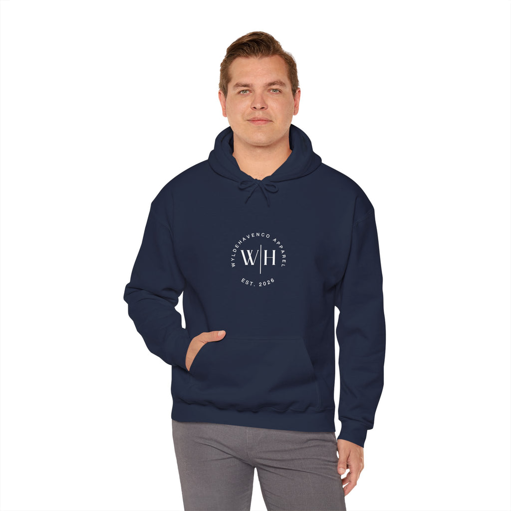 Gray Monogram Circle Hoodie by WyldeHaven Apparel featuring a circular logo design on the front, made by Printify.