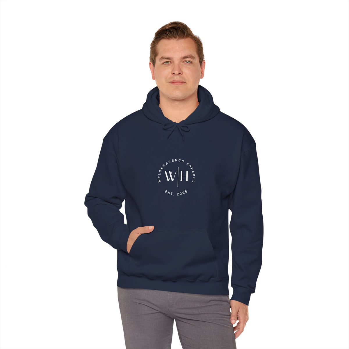 Gray Monogram Circle Hoodie by WyldeHaven Apparel featuring a circular logo design on the front, made by Printify.