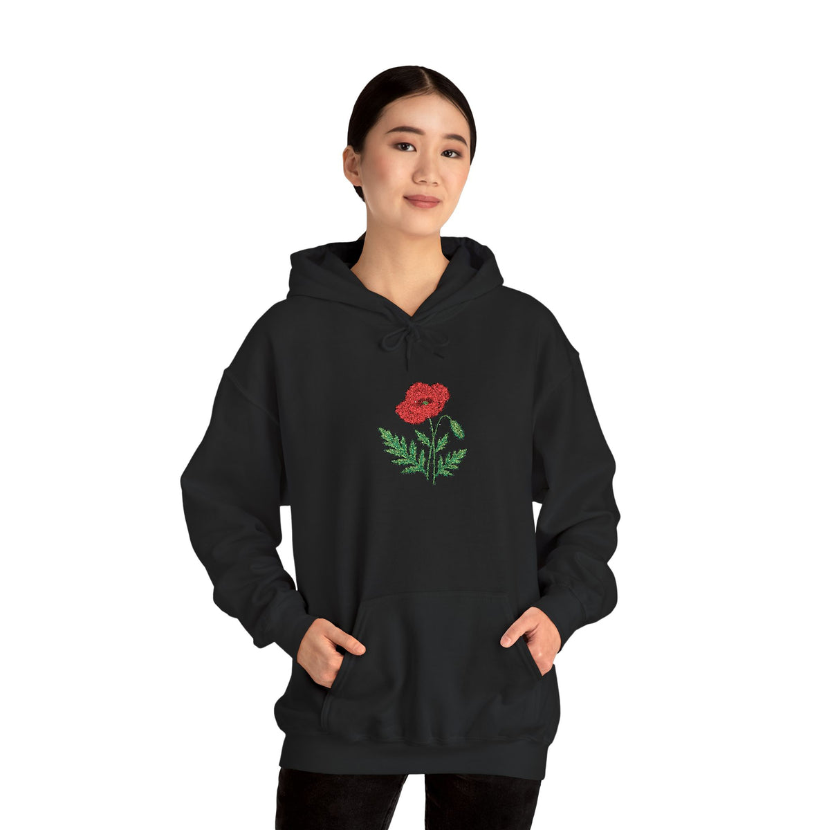 Red hoodie by Printify featuring embroidered red poppy floral design on the front, casual and stylish for everyday wear.