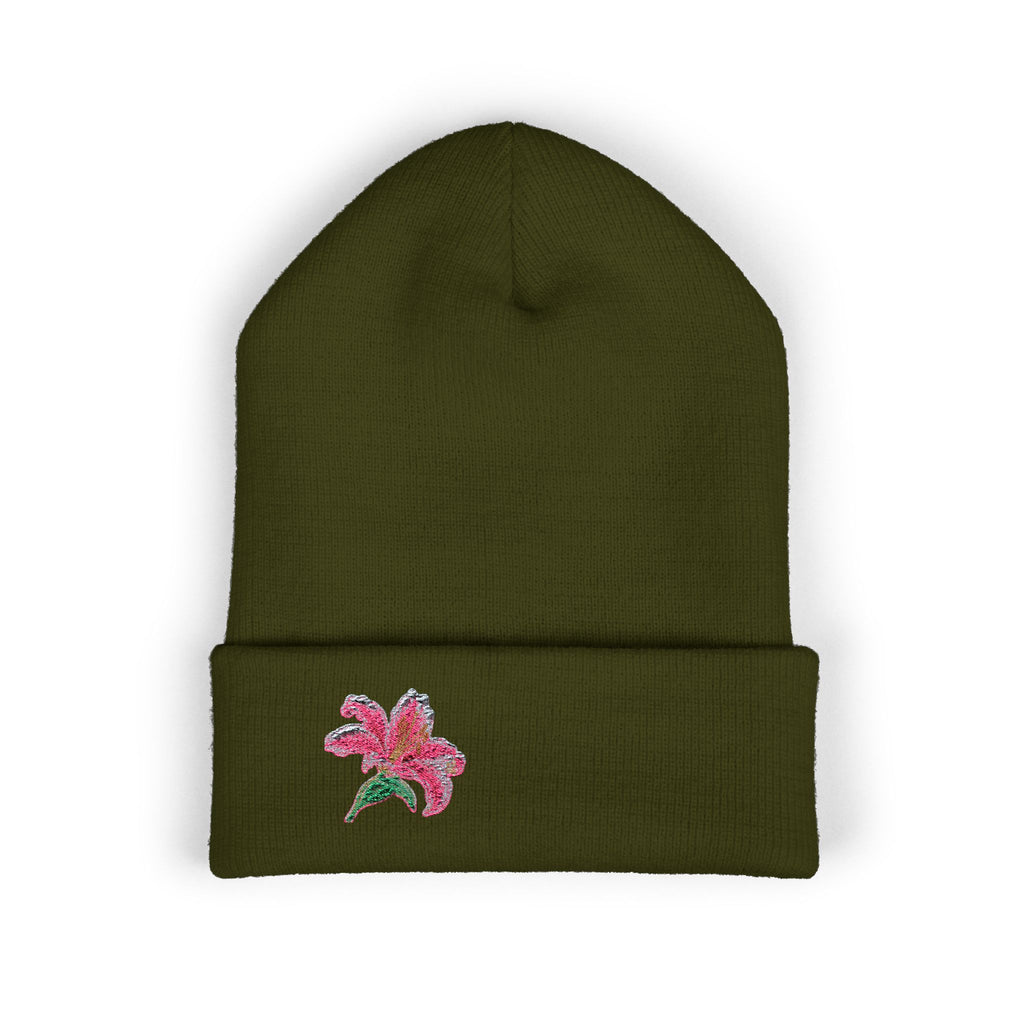 Pink lily embroidered beanie hat by WyldeHaven Apparel, soft cuffed knit winter hat with floral embroidery, perfect for cold weather.