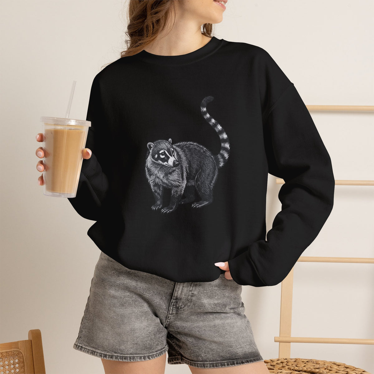 Coati graphic sweatshirt from Wyldelife Collection featuring original wildlife art, casual fit, printed by Printify.