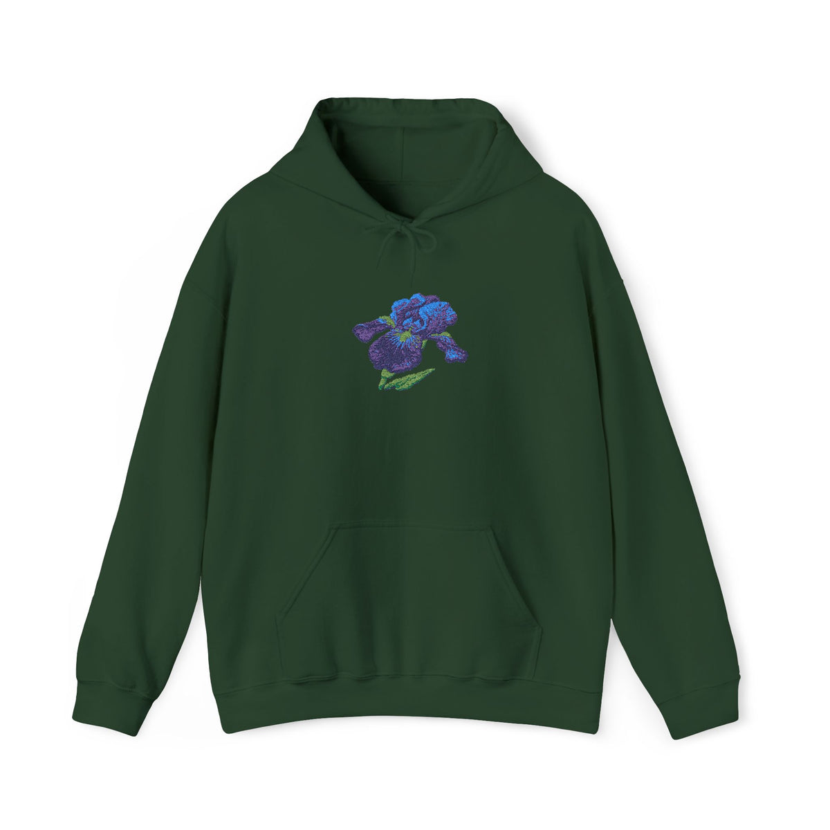 Embroidered iris flower hoodie by Printify featuring a center front floral design on soft fabric.