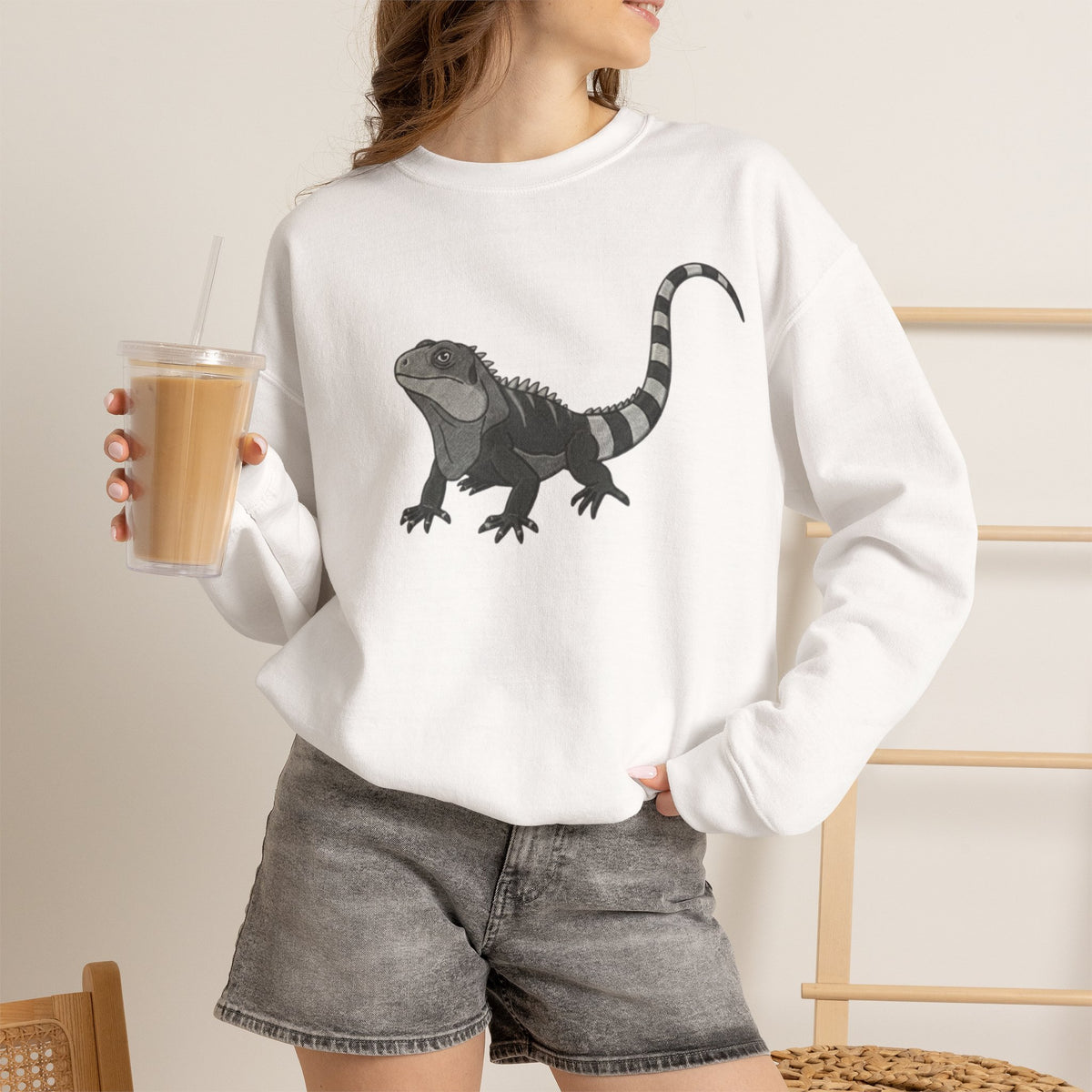 Iguana graphic sweatshirt from Wyldelife Collection by Printify, featuring a detailed wildlife art print on a cozy sweatshirt.