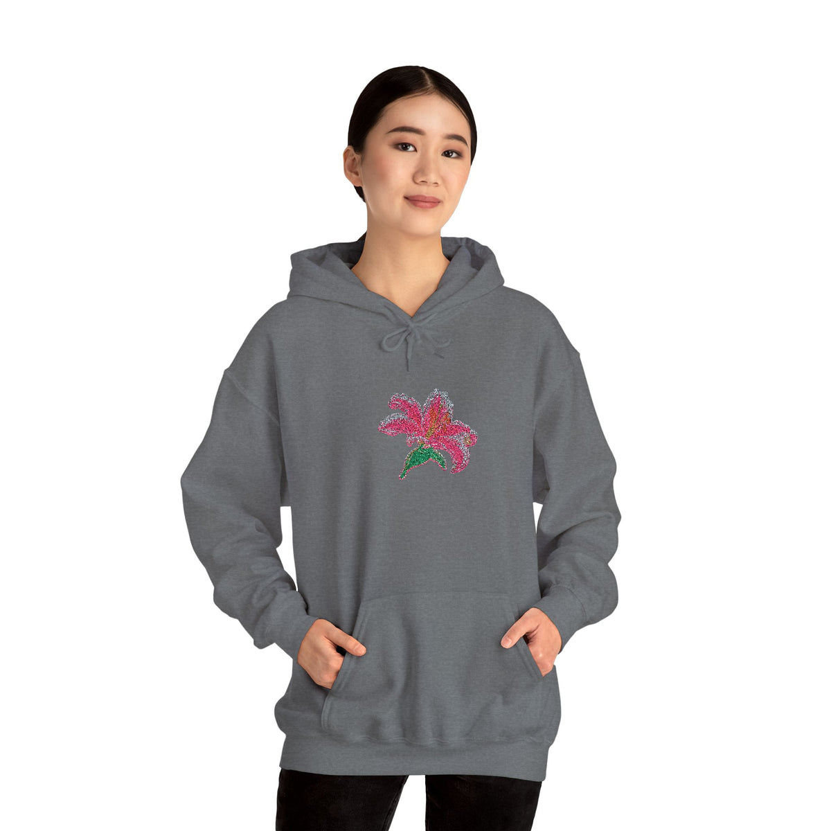 Printify embroidered lily flower hoodie with a center front floral design, featuring detailed floral embroidery on a casual hoodie.