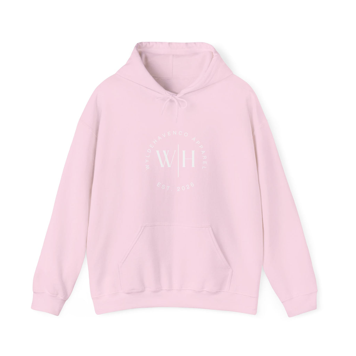 White hoodie featuring Monogram Circle design and WyldeHaven Apparel Est. 2026 logo on the front, made by Printify.