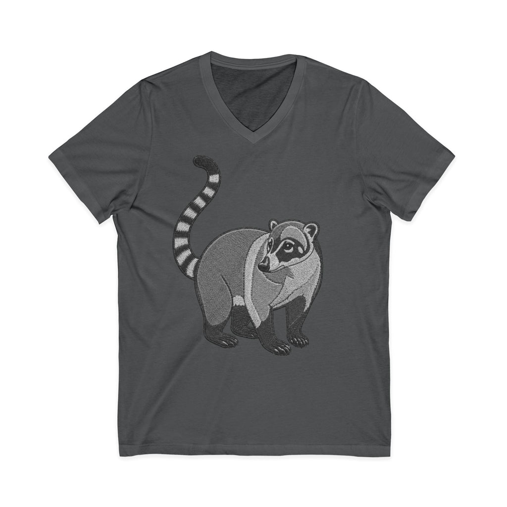 Charcoal Wyldelife Coati V-Neck T-Shirt with wildlife graphic, featuring a detailed coati illustration on a comfortable cotton tee.
