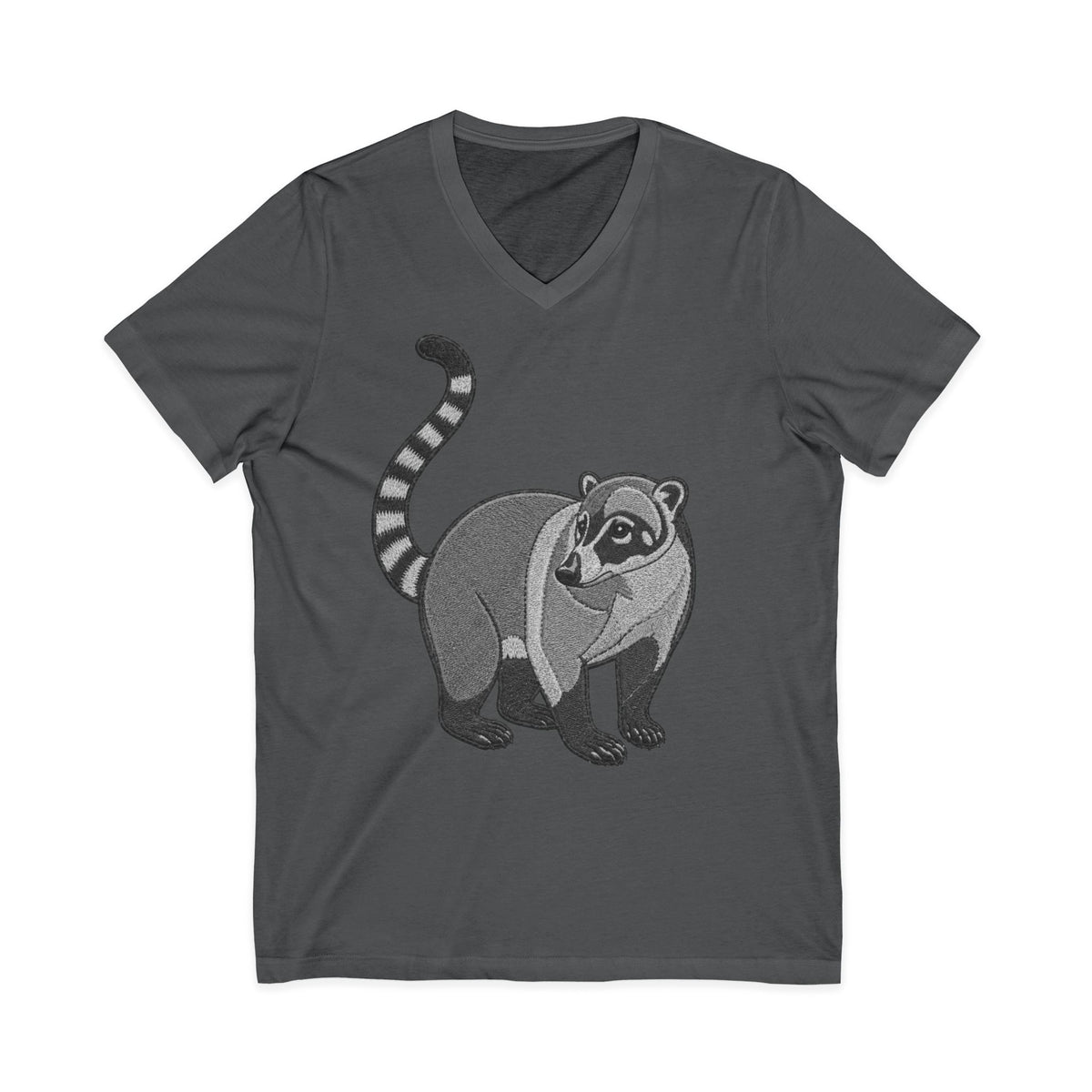 Charcoal Wyldelife Coati V-Neck T-Shirt with wildlife graphic, featuring a detailed coati illustration on a comfortable cotton tee.