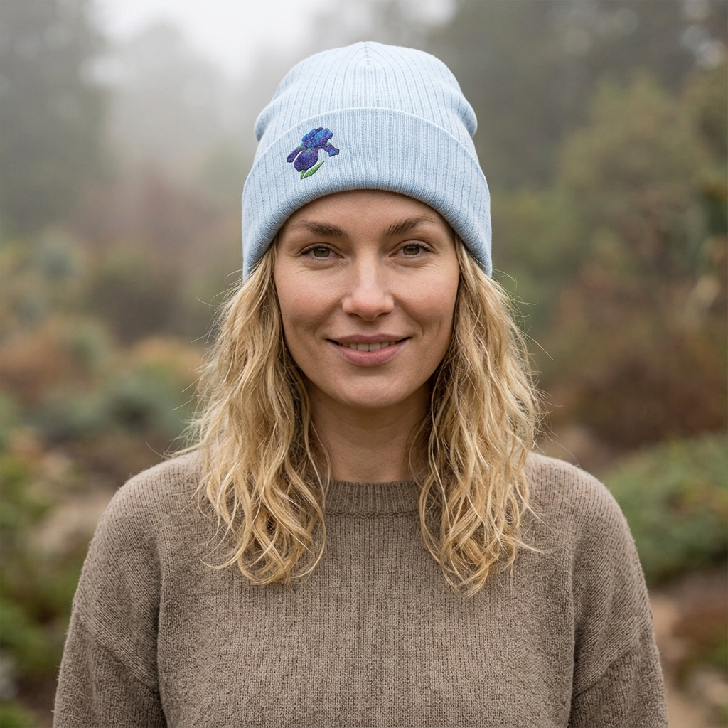 Embroidered Iris Beanie Hat by WyldeHaven Apparel, soft knit winter hat with floral embroidery, unisex stylish winter accessory.