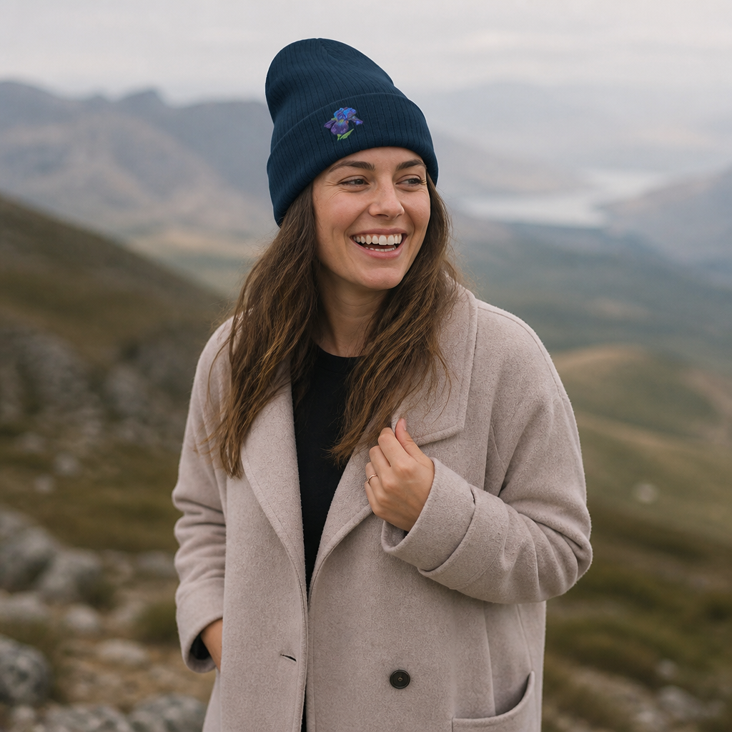 Embroidered Iris Beanie Hat by WyldeHaven Apparel, soft knit winter hat with floral embroidery, unisex and cozy for everyday wear.