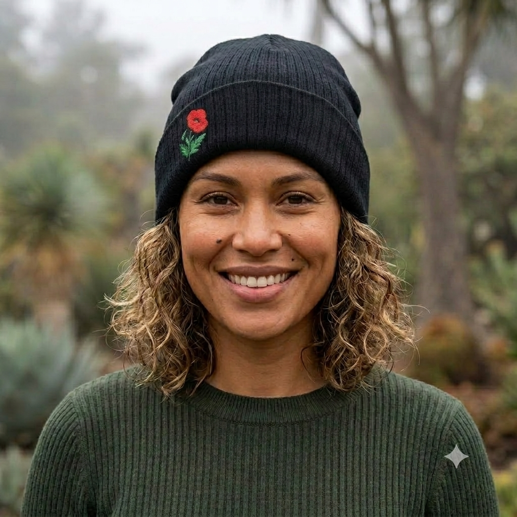 Soft knit embroidered poppy beanie hat featuring floral design, unisex winter hat from WyldeHaven Apparel by Printify.