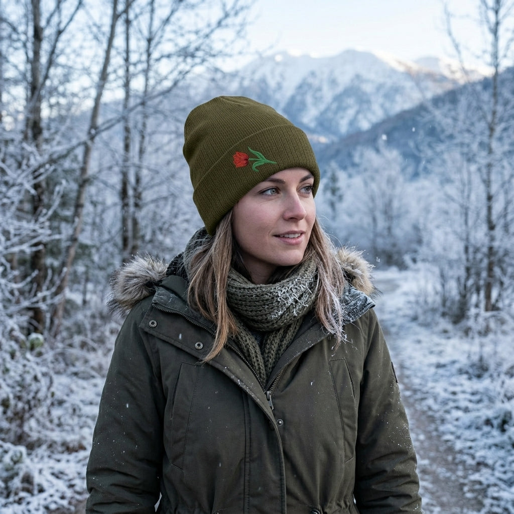 Embroidered tulip floral design beanie hat in soft knit fabric, unisex winter hat by WyldeHaven Apparel, featuring colorful embroidery.