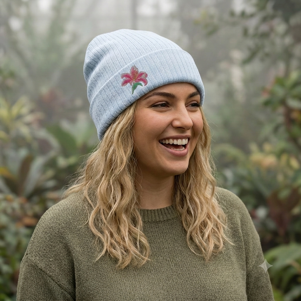 Embroidered Lily Beanie Hat by WyldeHaven Apparel featuring floral design, soft knit winter hat, unisex style, printed by Printify