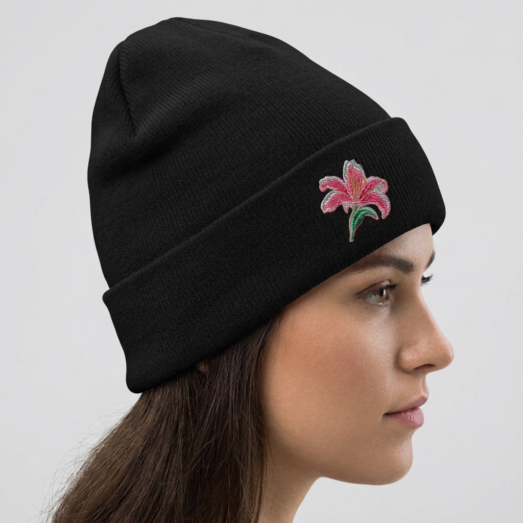 Pink lily embroidered beanie hat by WyldeHaven Apparel, soft cuffed knit winter hat with floral embroidery.