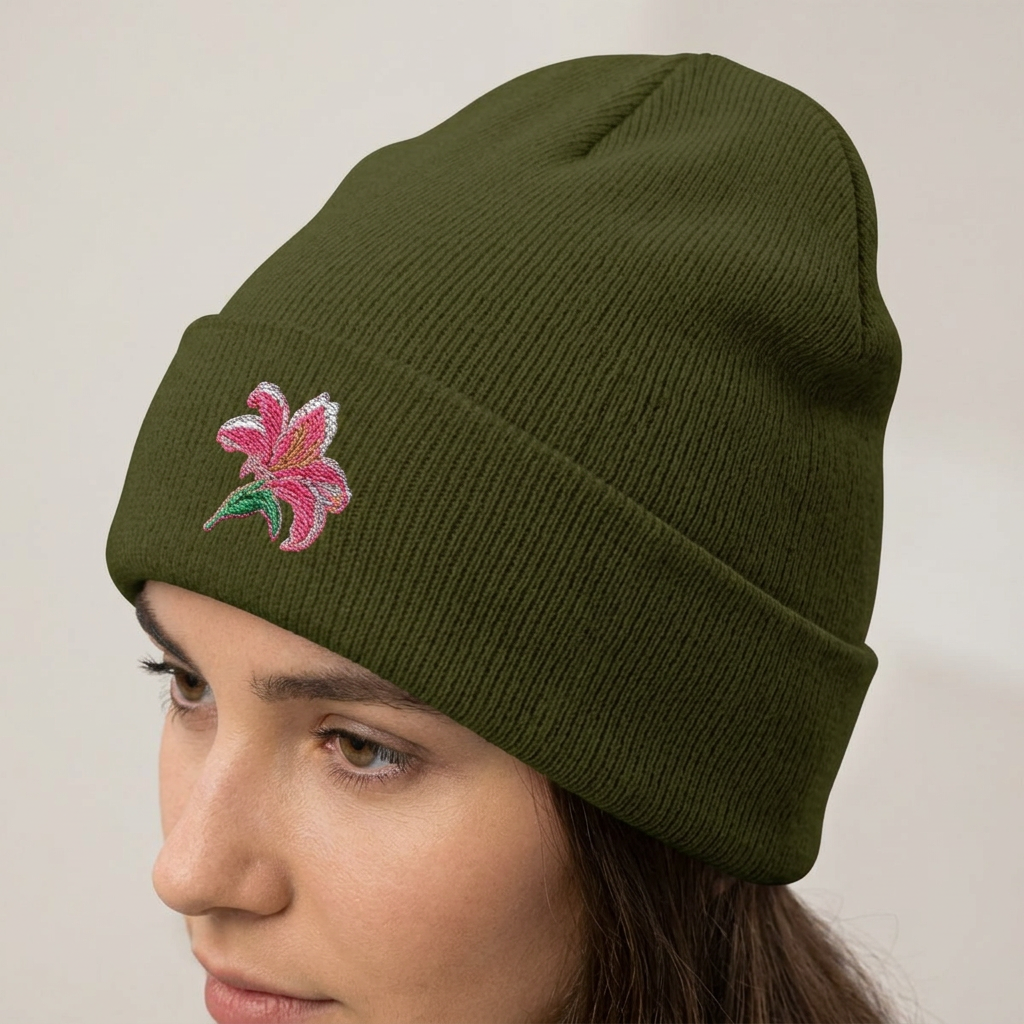 Pink Lily embroidered beanie hat by Printify, soft cuffed knit hat with floral embroidery, perfect for everyday winter wear.