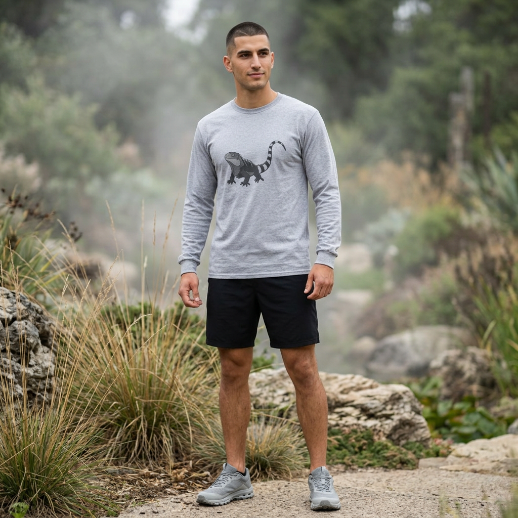 Printify Iguana Long Sleeve T-Shirt from WyldeLife Collection featuring a detailed wildlife iguana graphic on soft fabric.