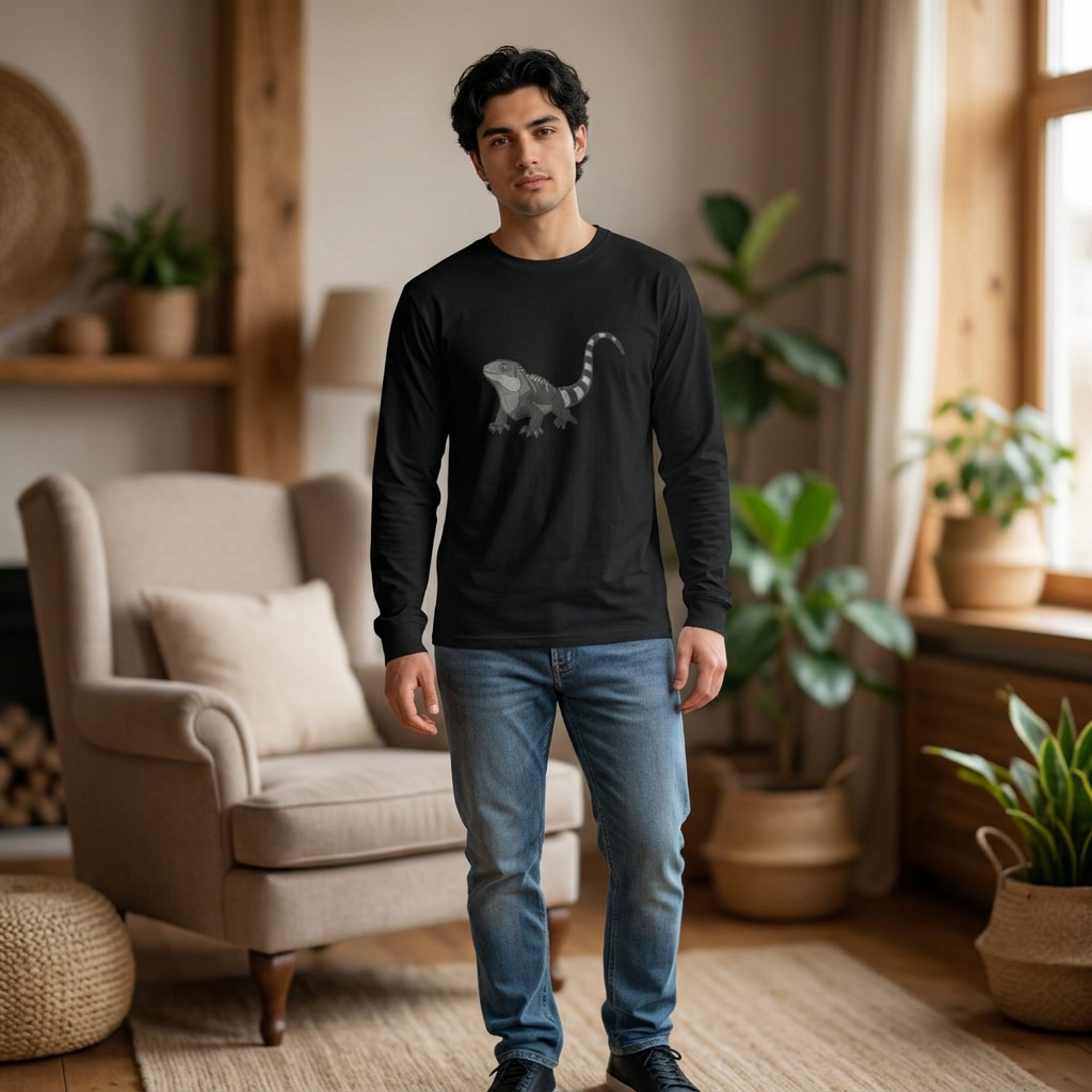Printify Iguana long sleeve wildlife graphic T-shirt from WyldeLife Collection, featuring a detailed iguana illustration on soft fabric.