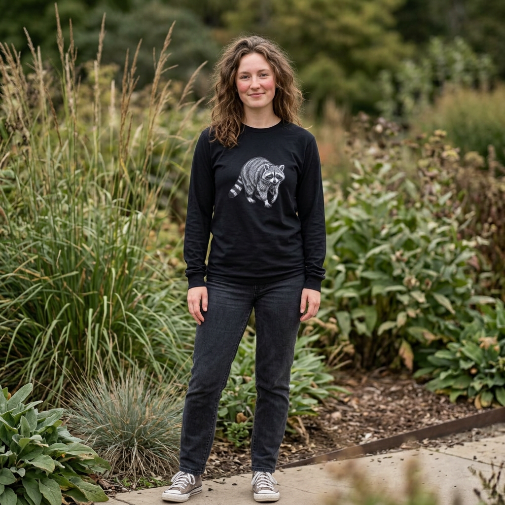 Raccoon long sleeve wildlife graphic T-shirt from WyldeLife Collection by Printify, featuring a detailed raccoon illustration.