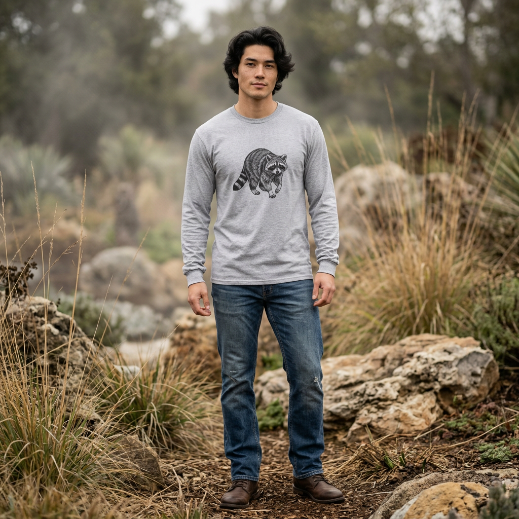 Raccoon wildlife graphic long sleeve T-shirt from WyldeLife Collection, printed by Printify, featuring a detailed raccoon illustration.