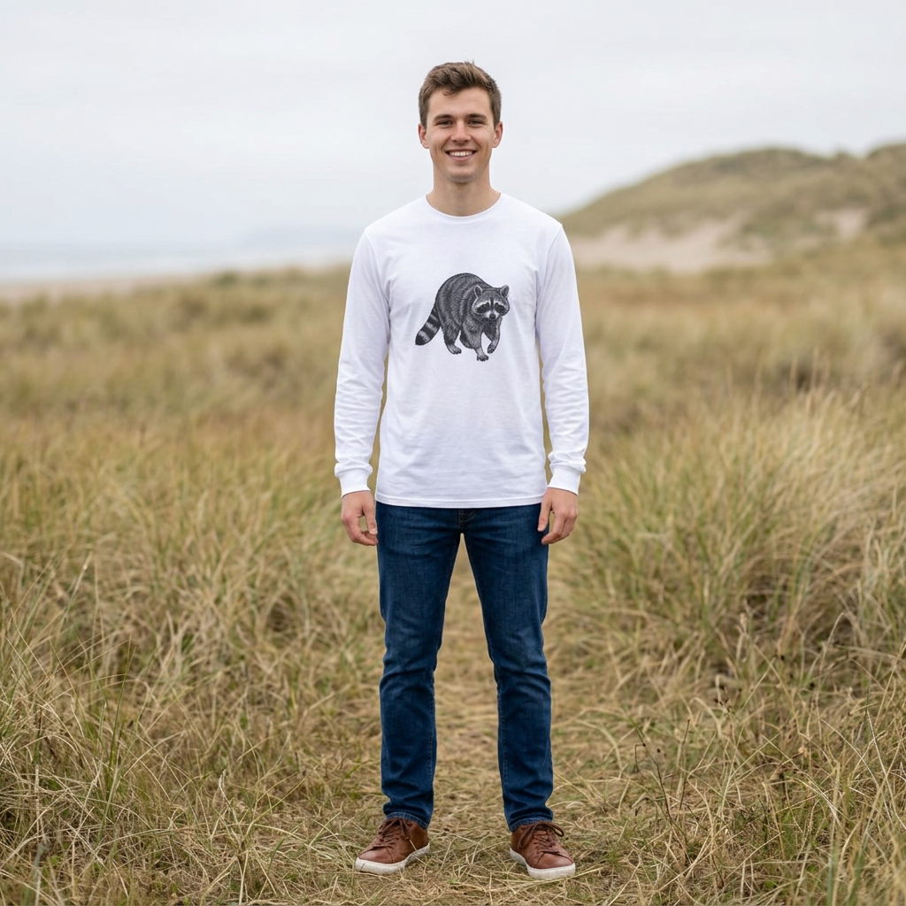 Raccoon long sleeve T-shirt from WyldeLife Collection by Printify featuring wildlife graphic design, displayed on a white background.