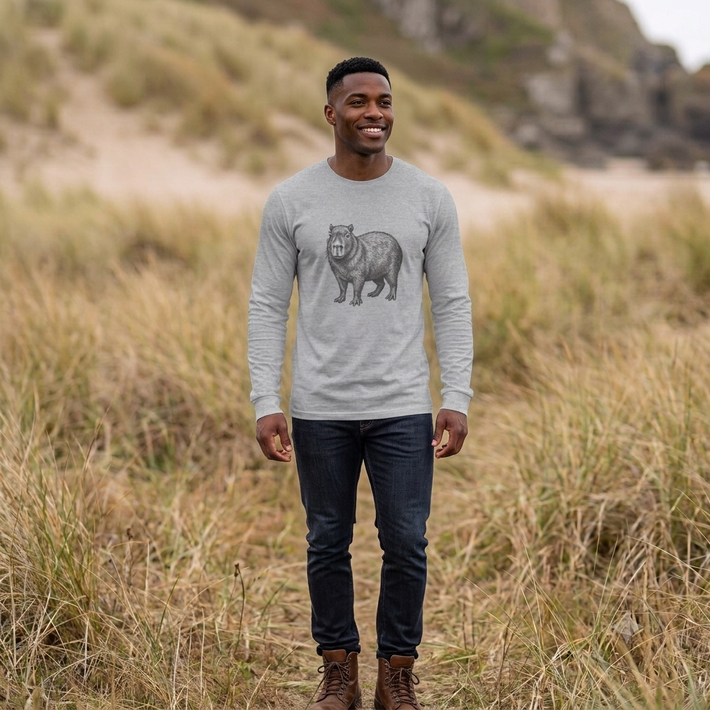 Printify Capybara long sleeve T-shirt featuring wildlife graphic in WyldeLife Collection, with a detailed capybara illustration on the front.